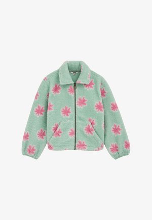 Jachetă din fleece verde mentă cu modele de flori roz, fermoar frontal, guler, manșete elastice și două buzunare frontale.