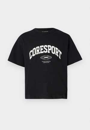 T-shirt in cotone nero con testo e logo bianchi "CORESPORT", collo giro, maniche corte e una vestibilità rilassata. Design minimalista.