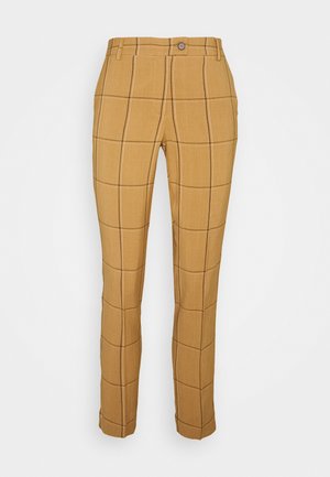 Miesten slim fit -malliset sinapinkeltaiset housut, joissa ruskea ruutukuvio, edessä nappi- ja vetoketjukiinnitys sekä vyölenkit.
