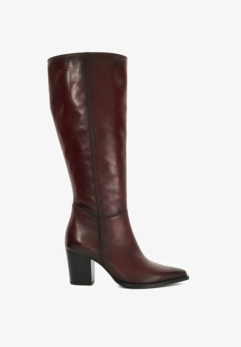 Burgundy leather knee-high boot with a pointed toe and a chunky black heel. Smooth texture with minimal stitching and sleek design.