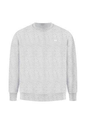 Lichtgrijze crewneck sweatshirt met lange mouwen, ribgebreide manchetten en onderrand, zachte textuur, voorzien van een klein rechthoekig logo op de voorkant.