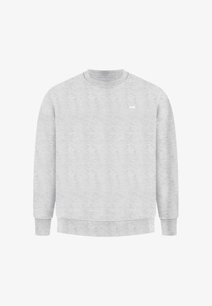 Lichtgrijze crewneck sweatshirt met lange mouwen, ribgebreide manchetten en onderrand, zachte textuur, voorzien van een klein rechthoekig logo op de voorkant.