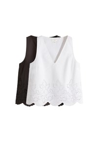 Two sleeveless tops, one white and one black, both with V-necks and lace floral cutout patterns along the scalloped hem.