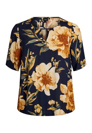 Marineblauwe blouse met korte mouwen, grote gouden bloemmotieven, ronde halslijn en een losse pasvorm. Zachte stoftextuur.