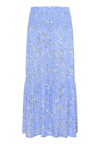 Jupe bleu clair avec une taille smockée, mettant en valeur un motif ondulé gris et blanc, et un ourlet à volants en tiers en bas.