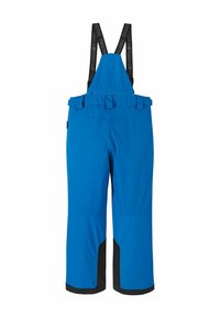 Salopettes bleues avec accents noirs, bretelles réglables et une taille zippée. Fabriquées en matériau imperméable et durable.