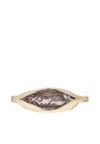 Beżowa skórzana torba z pikowanym, wzorzystym wnętrzem. Posiada zamek błyskawiczny i regulowany pasek. Gładka tekstura, owalny kształt.