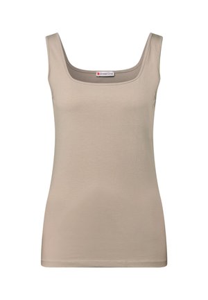 Beige katoenen tanktop met een vierkante halslijn en dunne schouderbandjes. Gladde textuur met een aansluitende pasvorm, met een merkembleem bij de hals.