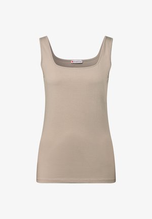 Top in cotone beige senza maniche con scollatura quadrata e sottili spalline. Texture liscia con una silhouette aderente, presenta un'etichetta del marchio sul collo.