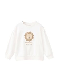 Felpa bianca in cotone con maniche lunghe, caratterizzata da una grafica di un leone beige e il testo "RUGGENTE E CARINO MA SOLO A ORA DI ANDARE A LETTO" sottostante.
