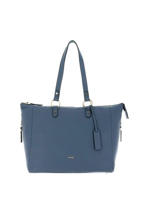 Sac fourre-tout en cuir bleu avec doubles poignées, matériel en métal argenté, fermeture éclair et étiquette amovible. Texture lisse, forme structurée.
