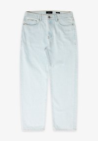 Jasnoniebieskie dżinsy z denimu o prostym kroju nogawki, wzorem z pięcioma kieszeniami, zapięciem na górny guzik oraz kontrastowymi przeszyciami.