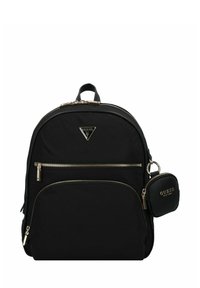 Zaino in nylon nero con zip dorate e logo triangolare. Presenta una tasca frontale e un piccolo pouch rimovibile, offrendo un design elegante e moderno.