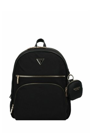 Zaino in nylon nero con zip dorate e logo triangolare. Presenta una tasca frontale e un piccolo pouch rimovibile, offrendo un design elegante e moderno.
