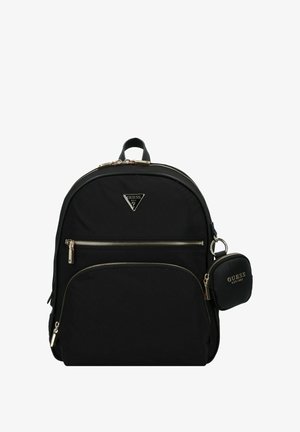 Sac à dos en nylon noir avec des zippers dorés et un logo triangulaire. Comprend une poche avant et une petite pochette détachable, offrant un design moderne et élégant.
