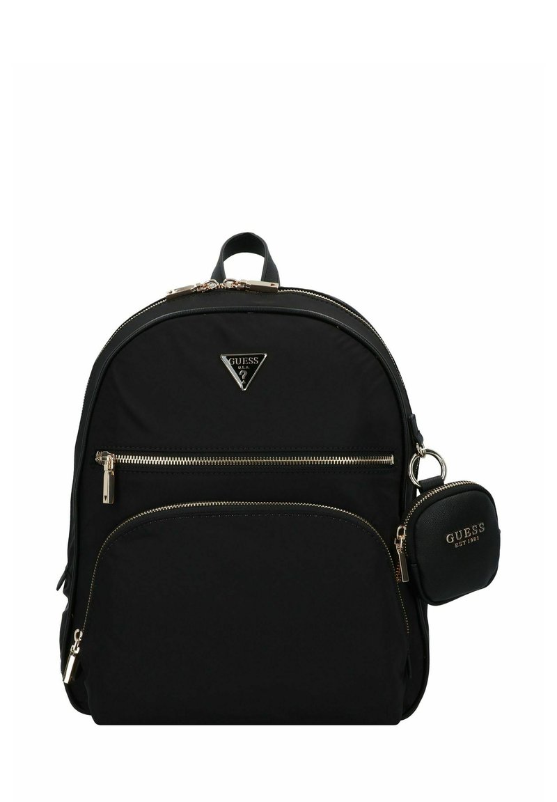 Zaino in nylon nero con zip dorate e logo triangolare. Presenta una tasca frontale e un piccolo pouch rimovibile, offrendo un design elegante e moderno.