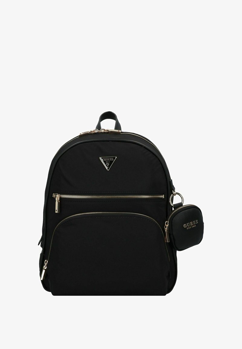 Zaino in nylon nero con zip dorate e logo triangolare. Presenta una tasca frontale e un piccolo pouch rimovibile, offrendo un design elegante e moderno.