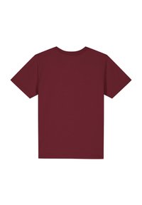 Bordeauxrotes T-Shirt aus weicher Baumwolle, kurze Ärmel, runder Hals und klassischer Schnitt. Glatte Textur, schlichtes Design ohne Muster.