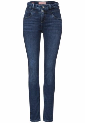Tmavě modré džíny skinny střihu s hladkou strukturou, vysokým pasem, pěti kapsami a dvojitým zapínáním na knoflík. Přiléhavý střih přes nohy.