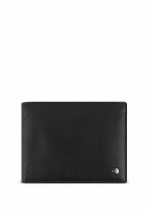 Black leather wallet with a textured finish, bi-fold design, and a silver logo accent on the lower right corner.