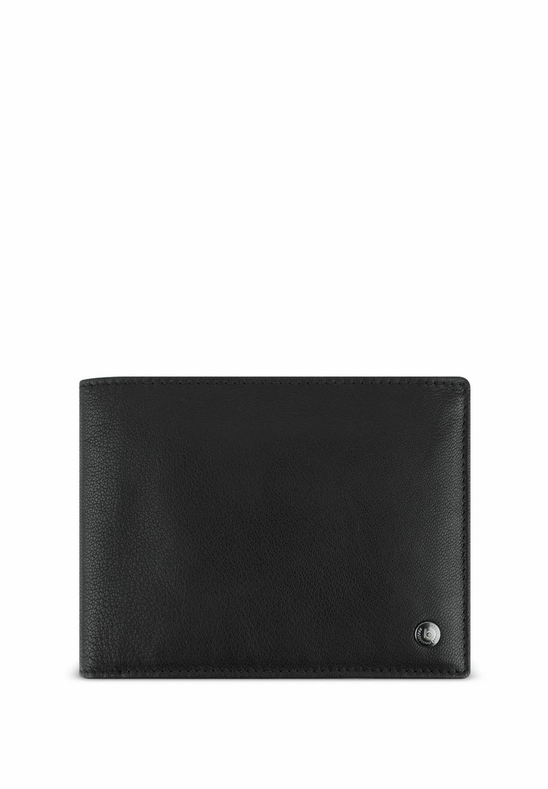Black leather wallet with a textured finish, bi-fold design, and a silver logo accent on the lower right corner.