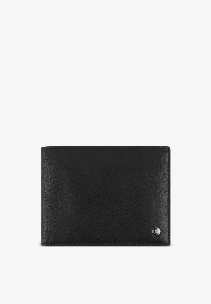 Black leather wallet with a textured finish, bi-fold design, and a silver logo accent on the lower right corner.