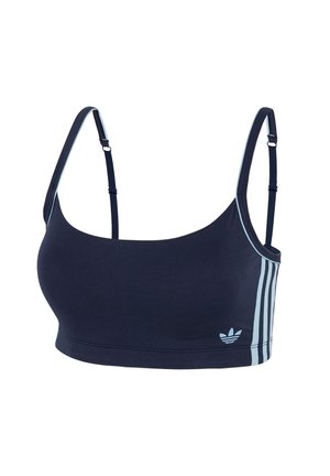 Dunkelblauer Sport-BH mit verstellbaren Trägern, mit hellblauen Seitenstreifen und einem kleinen Logo auf der Vorderseite. Glatte Stofftextur.