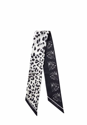 Sciarpa con stampa animalier bianca e nera con motivo a macchie da un lato e facce di tigre dall'altro, entrambe le estremità presentano il testo "VIVISENCE".