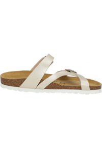 Slidesandal med beige läderremmar, korkfotbädd och vit gummisula. Har en dekorativ spänne på en rem.
