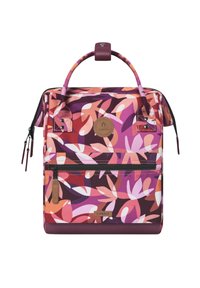 Multicolored floral pattern backpack, featuring a sturdy handle, front zip pocket, and leather accents, with a glossy finish.