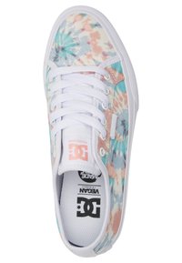 Canvas sneakers with a pastel tie-dye pattern in blue, pink, and cream. Features white laces and a rubber sole with a branded insole.