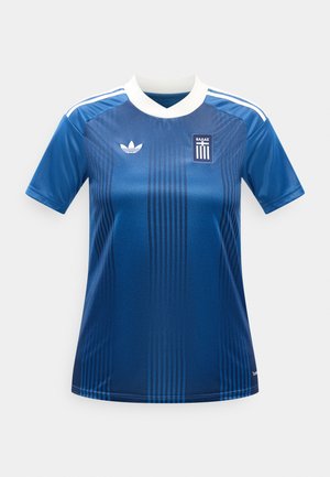 Maillot de football à manches courtes bleu avec col blanc, rayures verticales, logo Adidas et emblème de l'équipe nationale grecque sur la poitrine.