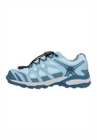 Light blue athletic shoe with textured fabric, grey accents, black elastic laces, and a rugged sole designed for traction.