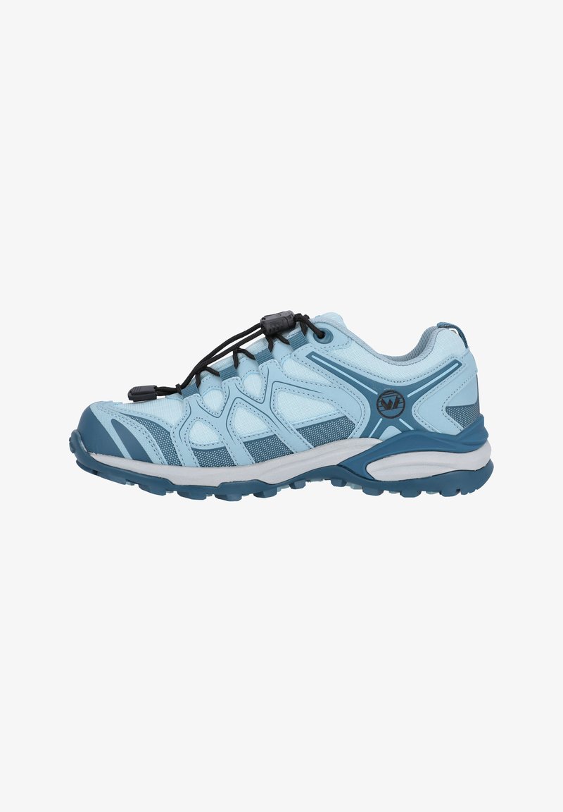 Light blue athletic shoe with textured fabric, grey accents, black elastic laces, and a rugged sole designed for traction.