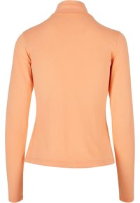Maglietta a maniche lunghe di colore pesco, realizzata in tessuto liscio, con colletto alto e design aderente, caratterizzata da un orlo che si incurva delicatamente sul fondo.