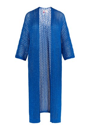 Zils adīts kardigāns ar atvērtu priekšpusi, trīs ceturtdaļu piedurknēm un vaļīgu piegriezumu. Ieskaitot vaļīgu, acu līdzīgu tekstūru visā virsmā.