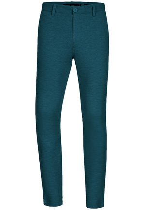 Teal, slim-fit trousers made from a textured fabric, featuring a front button closure, belt loops, and standard pockets.
