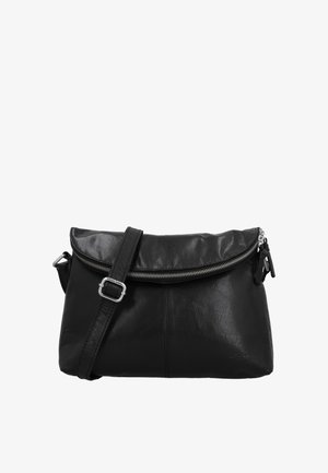 Black leather crossbody bag with silver zipper and adjustable strap, smooth texture, and subtle branded logo on front lower corner.