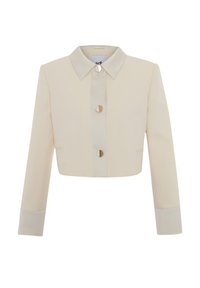 Veste courte en tissu beige clair avec un col classique, des boutons dorés en accent et des manches longues aux poignets contrastants.