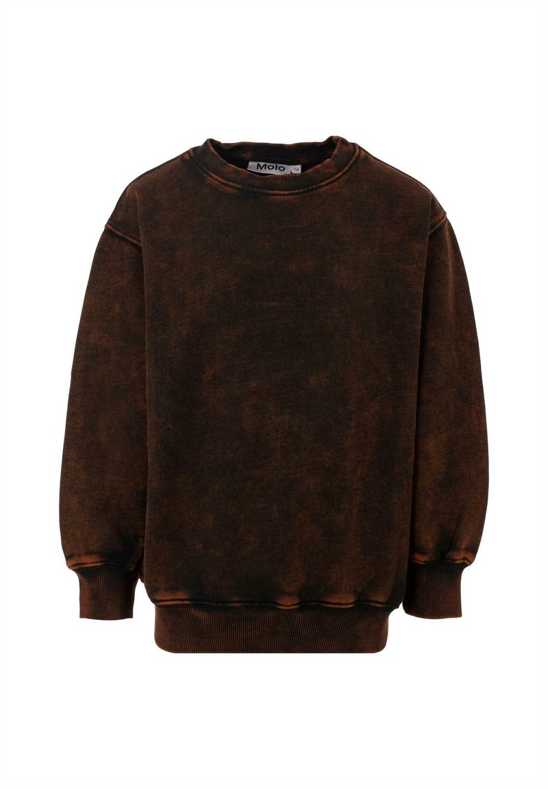 Sweatshirt marrone con collo a giro, maniche lunghe, polsini e orlo ribattuti, caratterizzato da una texture variegata e una vestibilità comoda.