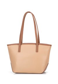 Borsa tote in ecopelle beige con accenti marroni, due manici lunghi, forma strutturata e cuciture minime per un design pulito.