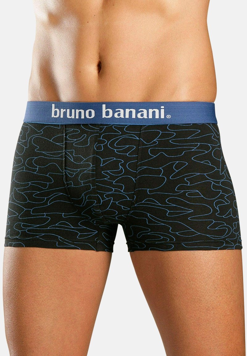 Black boxer shorts with a blue abstract pattern, featuring a soft blue waistband with "bruno banani" text. Made from stretchy fabric.