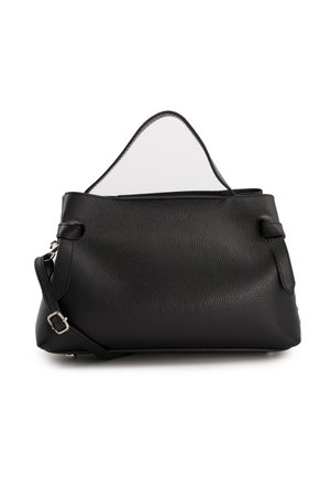 Schwarze Lederhandtasche mit strukturiertem Oberflächen, gebogenem oberen Rand, verstellbarem Schultergurt und minimalistischer Gestaltung. Verfügt über seitliche Akzente.