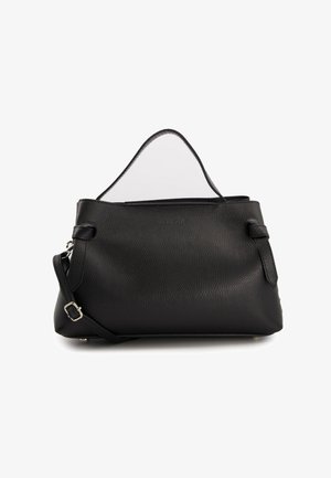 Schwarze Lederhandtasche mit strukturiertem Oberflächen, gebogenem oberen Rand, verstellbarem Schultergurt und minimalistischer Gestaltung. Verfügt über seitliche Akzente.