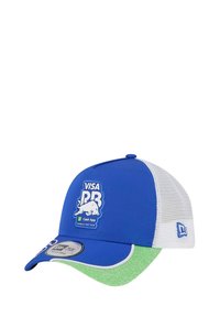 Blaues Mütze mit weißem Netzrücken, grüner Glitzer-Visier, gesticktes Logo und verstellbarer Snapback-Verschluss.