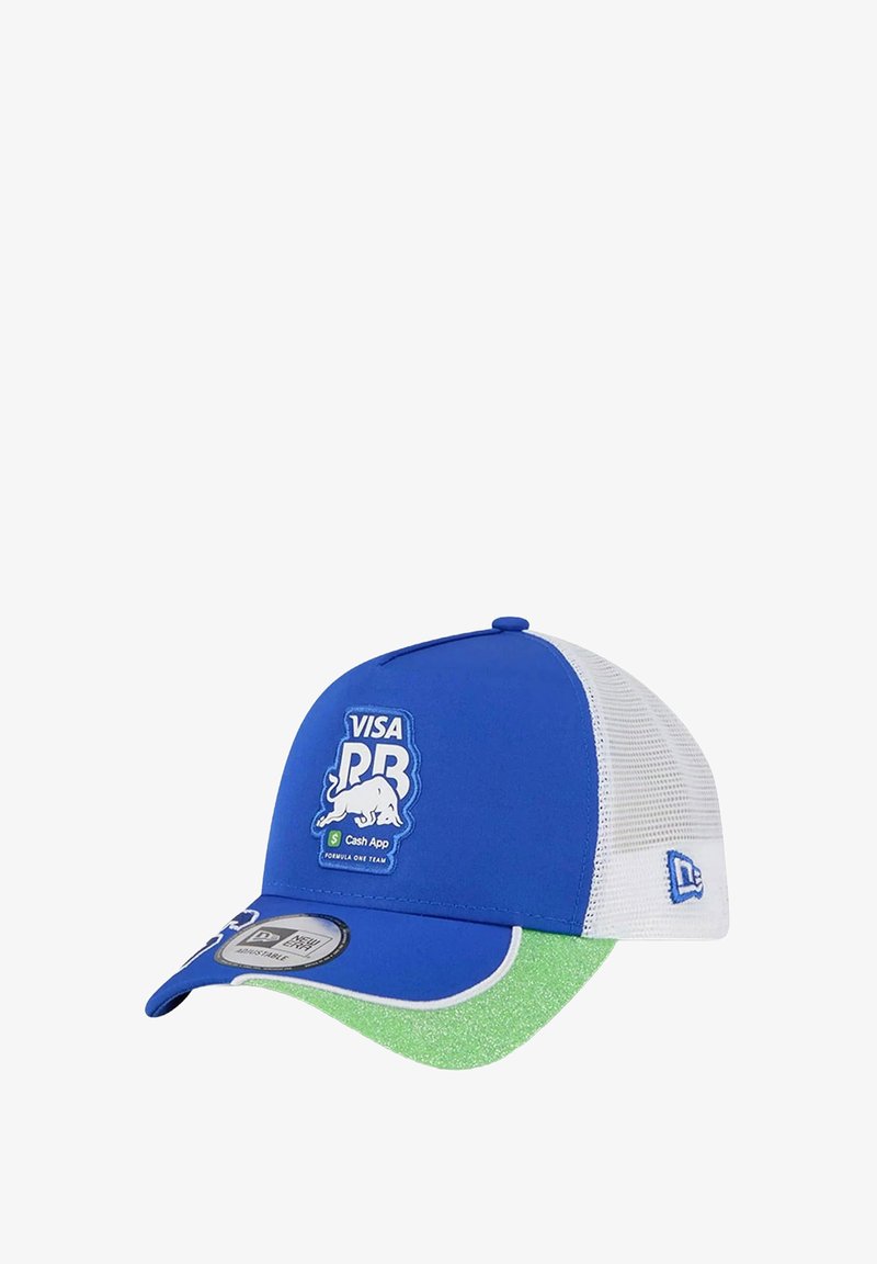 Blue cap with a white mesh back, green glitter brim, embroidered logo features, and adjustable snapback closure.