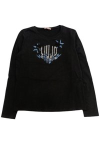 T-shirt nero a maniche lunghe con un design luccicante che presenta la scritta "LULU ROCK" in blu e argento, accentuata da motivi a stella.