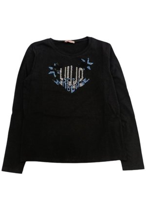 T-shirt nero a maniche lunghe con un design luccicante che presenta la scritta "LULU ROCK" in blu e argento, accentuata da motivi a stella.