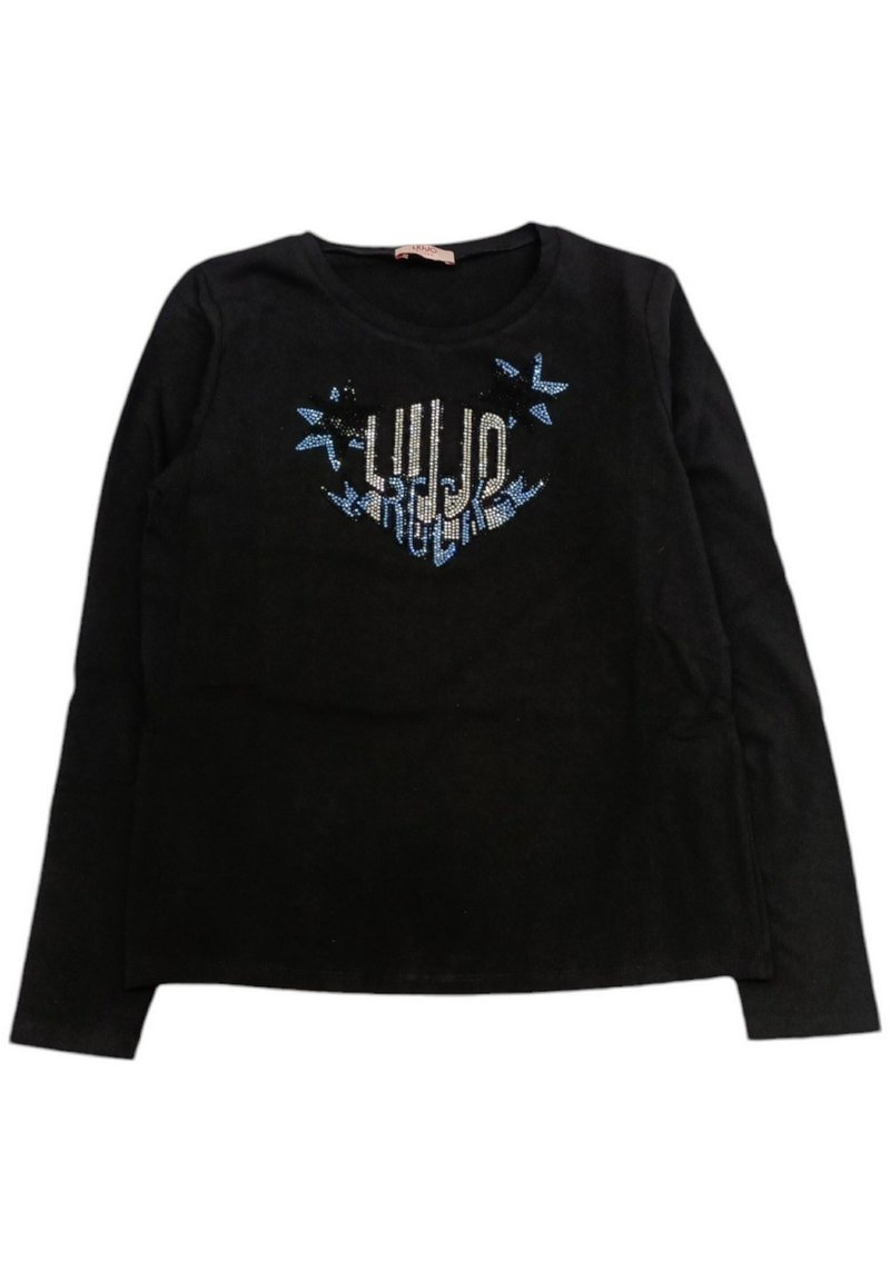 T-shirt nero a maniche lunghe con un design luccicante che presenta la scritta "LULU ROCK" in blu e argento, accentuata da motivi a stella.