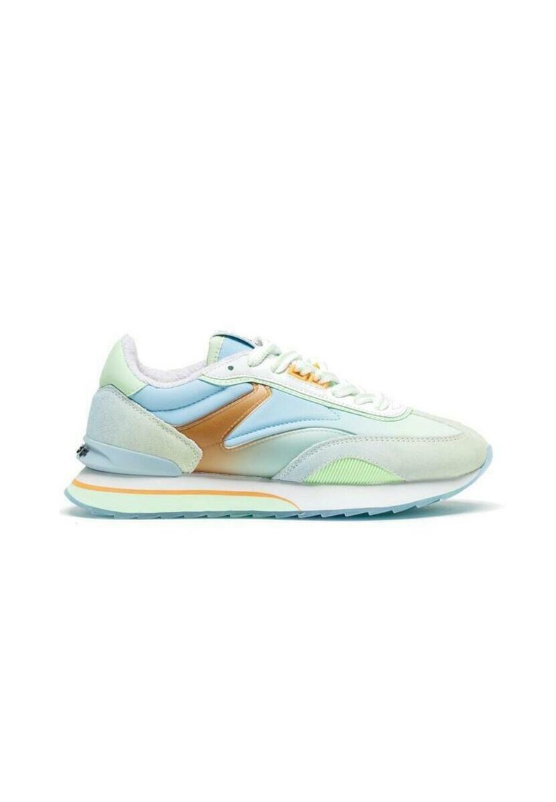 Pastel sneakers zijn gemaakt van een mix van ademend mesh en suède materialen. Ze hebben een mintgroene basis, lichte blauwe accenten en een unieke beige streep.
